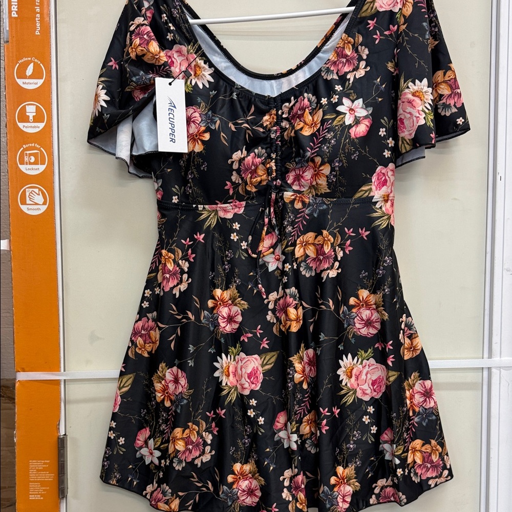 Cupopper Black Floral One-Piece Swimdress